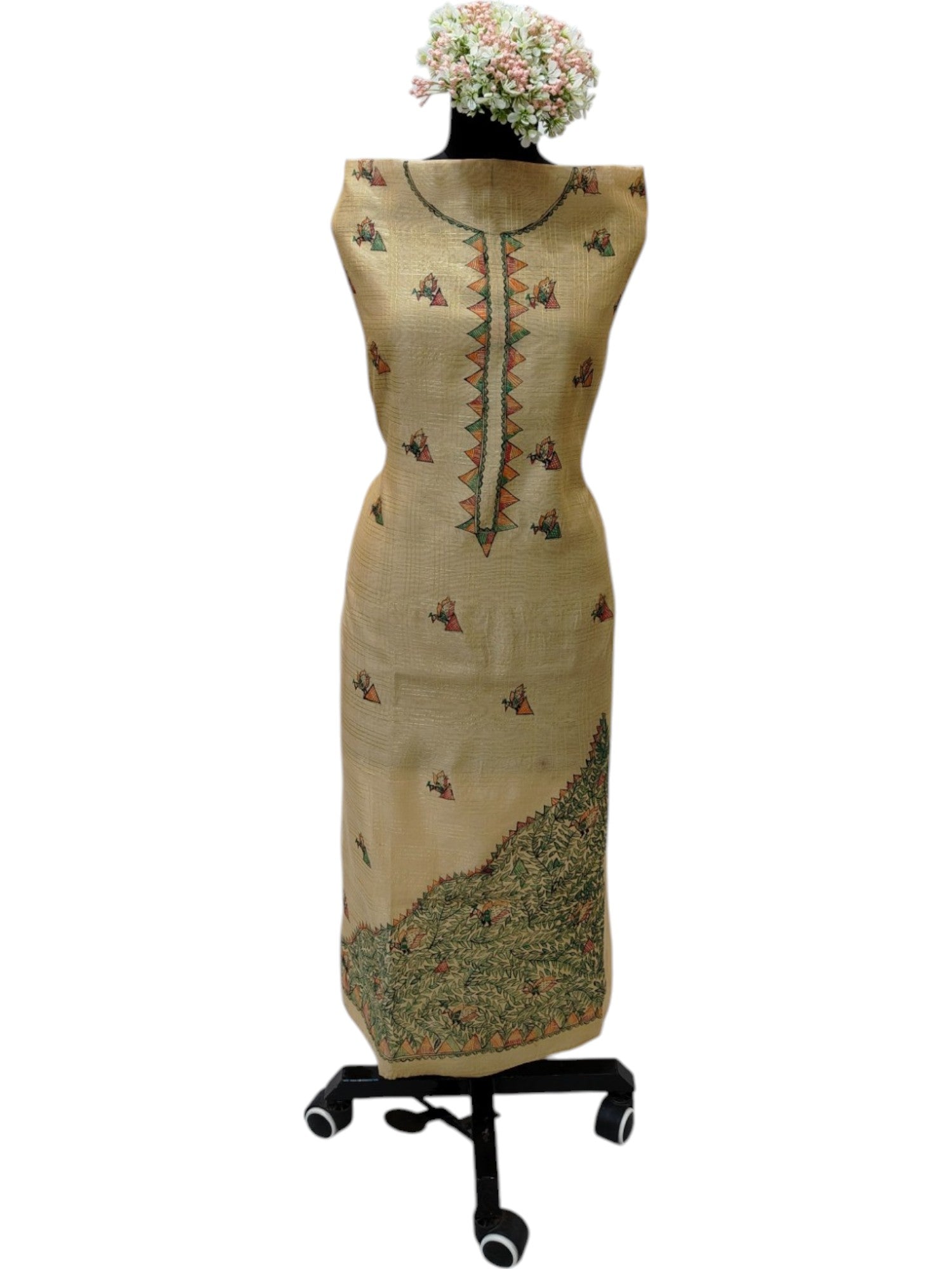 Hand-Painted Madhubani Unstitched Kurti on Chanderi with Zari Checks – Gold